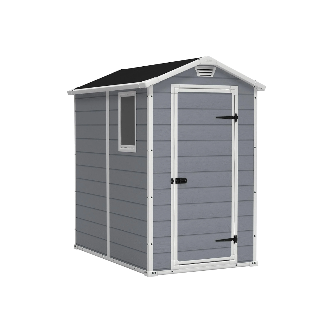 Manor 4×6 Resin Storage Shed – Grey & White Outdoor Organizer Manor 4×6 Resin Storage Shed – Grey & White Outdoor Organizer