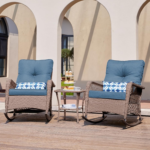 UDPATIO 3-Piece Outdoor Wicker Rocking Chair Bistro Set with Side Table – Brown/Navy - Image 9