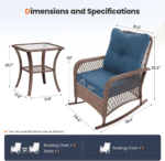 UDPATIO 3-Piece Outdoor Wicker Rocking Chair Bistro Set with Side Table – Brown/Navy - Image 3