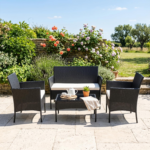FDW 4-Piece Black Outdoor Patio Furniture Set – Wicker Rattan Conversation Set with 2 Chairs, Loveseat & Glass Coffee Table - Image 8