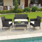 FDW 4-Piece Black Outdoor Patio Furniture Set – Wicker Rattan Conversation Set with 2 Chairs, Loveseat & Glass Coffee Table - Image 7