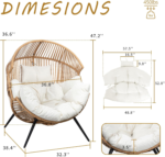 Shintenchi Oversized Beige Wicker Egg Chair – Indoor/Outdoor Rattan Patio Lounge Chair with Cushions, Headrest & Black Stand - Image 2