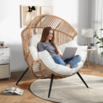 Shintenchi Oversized Beige Wicker Egg Chair – Indoor/Outdoor Rattan Patio Lounge Chair with Cushions, Headrest & Black Stand - Image 6