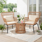 HOMEZILLIONS 3-Piece Yellow/Beige Wicker Patio Bistro Set with Cushioned Rattan Chairs and Round Glass-Top Table - Image 7