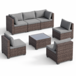 Ahomly 7-Piece Grey Outdoor Patio Sectional Sofa Set with PE Rattan Wicker, Cushions and Glass-Top Coffee Table