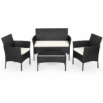 FDW 4-Piece Black Outdoor Patio Furniture Set – Wicker Rattan Conversation Set with 2 Chairs, Loveseat & Glass Coffee Table