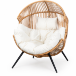 JAMFLY Oversized Wicker Egg Chair with Creamy White Cushion – Indoor/Outdoor Patio Lounge Chair