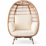 Oversized Ivory Wicker Egg Chair – Indoor/Outdoor Patio Lounge with 4 Cushions and Steel Frame