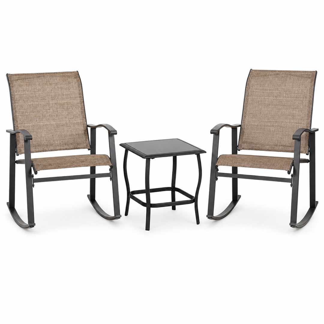 Shintenchi 3-Piece Coffee Rocking Bistro Set – 2 Textilene Patio Rocking Chairs with Square Glass Table Shintenchi 3-Piece Coffee Rocking Bistro Set – 2 Textilene Patio Rocking Chairs with Square Glass Table - Image 1