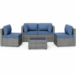 Shintenchi 5-Piece Gray & Aegean Blue Outdoor Wicker Patio Sectional Set with Cushions and Coffee Table