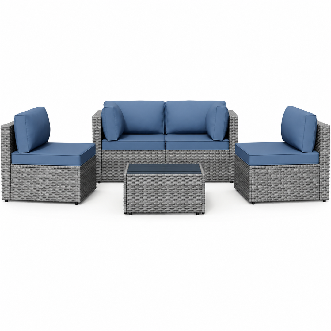 Shintenchi 5-Piece Gray & Aegean Blue Outdoor Wicker Patio Sectional Set with Cushions and Coffee Table Shintenchi 5-Piece Gray & Aegean Blue Outdoor Wicker Patio Sectional Set with Cushions and Coffee Table - Image 1