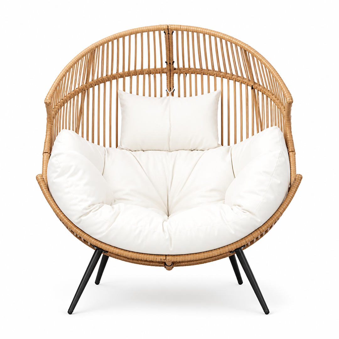 Shintenchi Oversized Beige Wicker Egg Chair – Indoor:Outdoor Rattan Patio Lounge Chair with Cushions, Headrest & Black Stand Shintenchi Oversized Beige Wicker Egg Chair – Indoor/Outdoor Rattan Patio Lounge Chair with Cushions, Headrest & Black Stand - Image 1