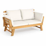 Tangkula Convertible Acacia Wood Patio Sofa Bed – 2-Person Outdoor Daybed with Adjustable Armrests, White Cushions & Pillows