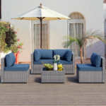 Shintenchi 5-Piece Gray & Aegean Blue Outdoor Wicker Patio Sectional Set with Cushions and Coffee Table - Image 4