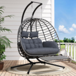 SWITTE 2-Person Heather Gray Double Egg Chair with Stand and Footrest – Outdoor Wicker Hanging Swing with Plush Cushion - Image 4