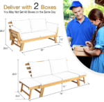 Tangkula Convertible Acacia Wood Patio Sofa Bed – 2-Person Outdoor Daybed with Adjustable Armrests, White Cushions & Pillows - Image 3