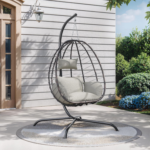 RTDTD Beige Outdoor Hanging Egg Chair with Stand – Wicker Swing Hammock Chair with UV-Resistant Cushion, 485 lb Capacity - Image 2