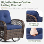 Aoxun 3-Piece Navy Blue Wicker Swivel Rocker Patio Set – 2 360° Gliding Chairs with Thick Cushions & Tempered Glass Table - Image 4