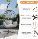 RTDTD Beige Outdoor Hanging Egg Chair with Stand – Wicker Swing Hammock Chair with UV-Resistant Cushion, 485 lb Capacity - Image 5