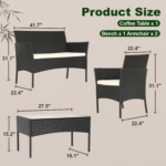 FDW 4-Piece Black Outdoor Patio Furniture Set – Wicker Rattan Conversation Set with 2 Chairs, Loveseat & Glass Coffee Table - Image 2